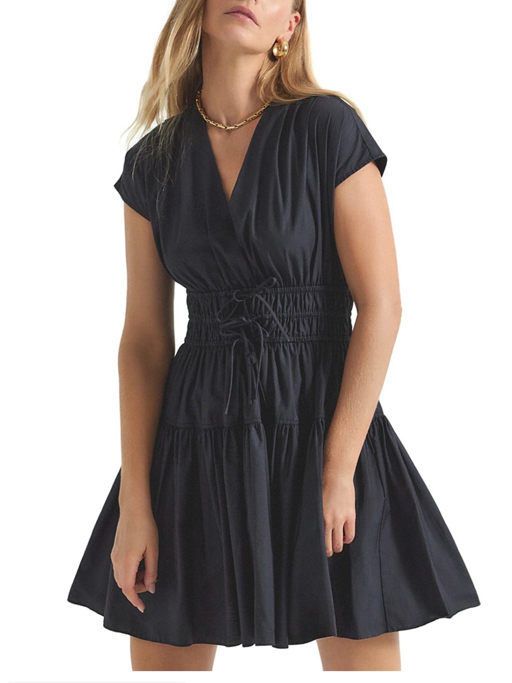 DEREK LAM 10 CROSBY Tora V Neck Smocked Poplin Dress